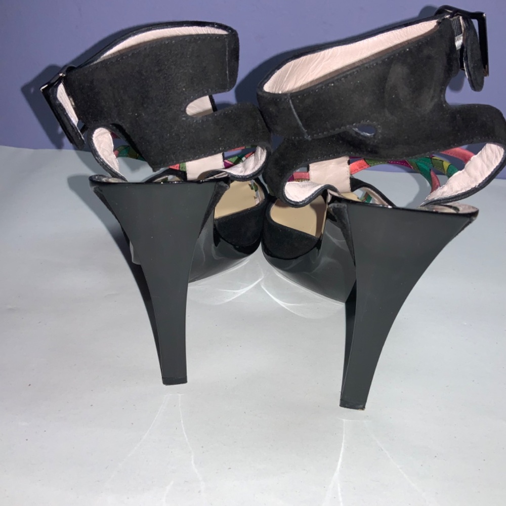 Emilio Pucci Black cage heels Sz 38 /7.5 multicolor satin accents Suede - Picture 4 of 6